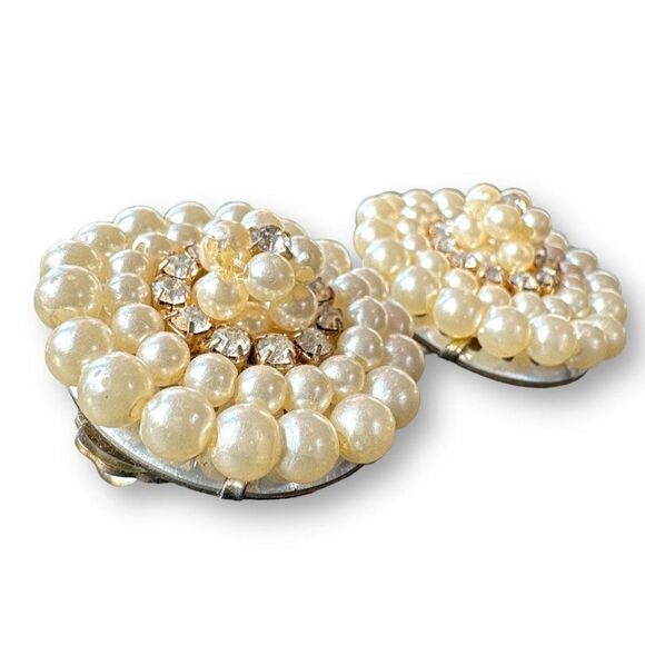 Vintage Imitation Pearl Clip-On Earrings Accented with Rhinestones - Picture 4 of 5